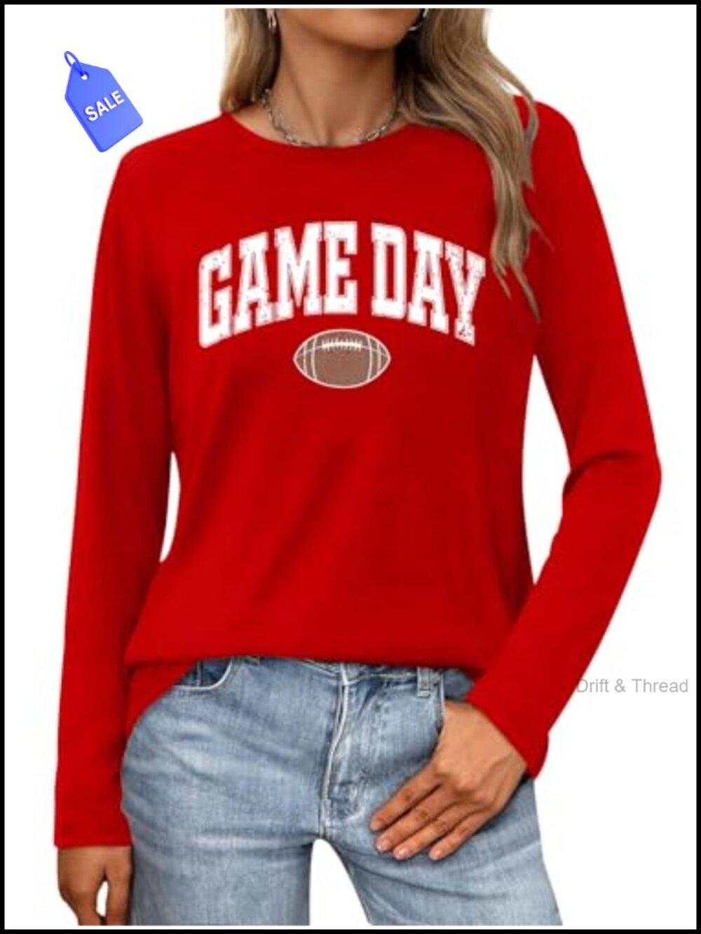 Women's Game Day Football Graphic Long Sleeve T-Shirt Crew Neck Tee